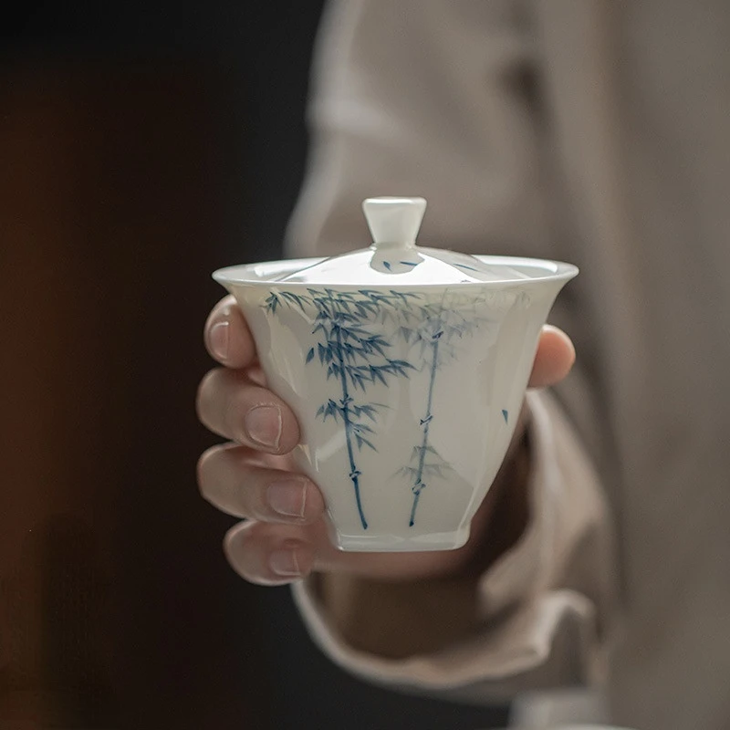 

Hand-painted Bamboo Teacup Ceramic Tea Set Master Cup Chinese Teaware Supplies Underglaze Color White Porcelain Tea Cup