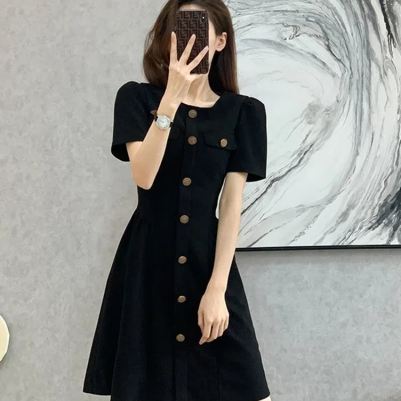Large Summer Black Dress French Style Slightly Fat MM Looks Thin and Tall This Year's New Short Sleeve Small Fragrance Dress