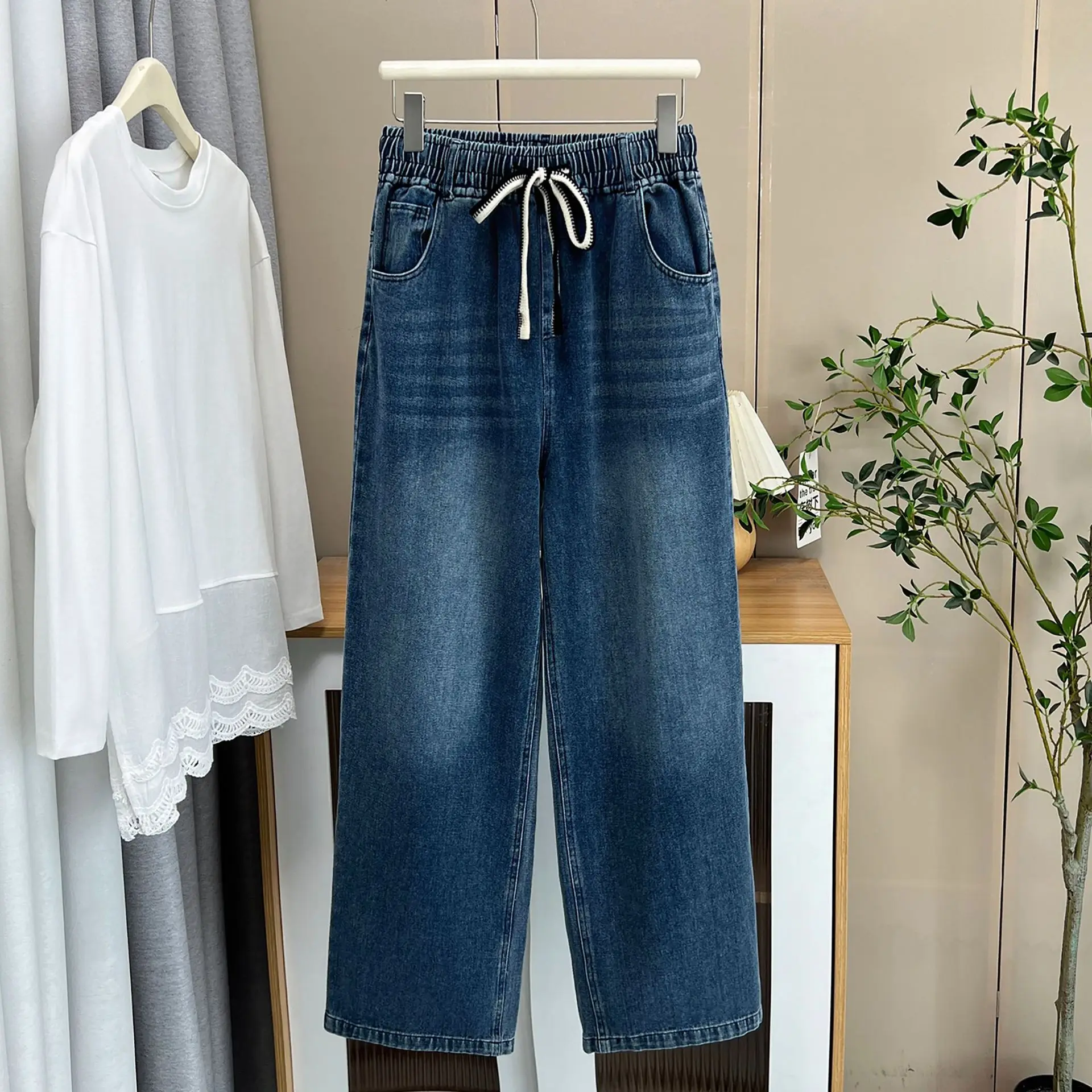 XXXXL Fashion Plus Size Women's Straight Jeans 2025 Autumn Casual Two Color Drawstring Waist Wide Leg Full Length Pants 774