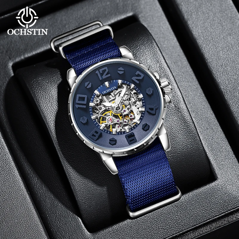 ochstin new 2024 creative nylon series fashionable hundred watches skeleton mechanical movement men's mechanical watches