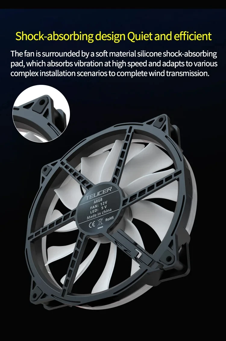 20025 5V 3PIN ARGB Case Fan 200mm 4PIN Cooling Fan High Air Volume 500-1500RPM C