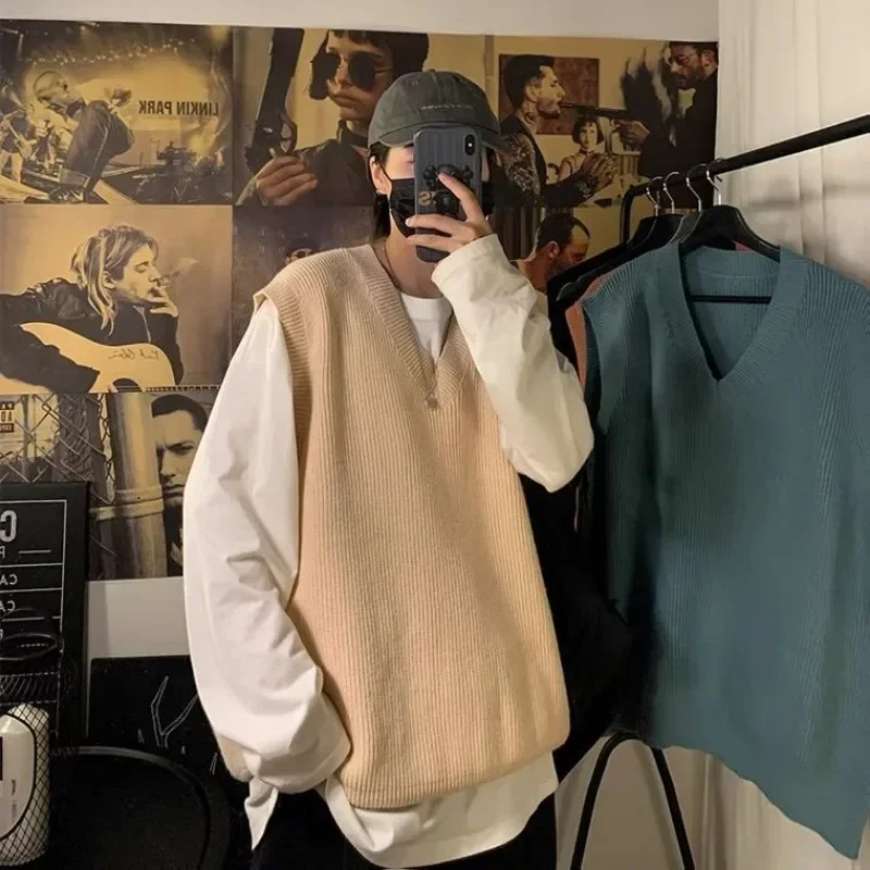 thumbnail image 1 of Suéter de punto para hombre, sin mangas, ropa para hombre, color liso, chaleco, cuello en V, azul, talla grande, moda urbana coreana, 1 of 4