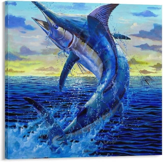 Painting Blue Marlin Fishing Ocean Jumping Poster Art Decoration Print Wall  Vintage Decor Home Modern Room Painting No Frame