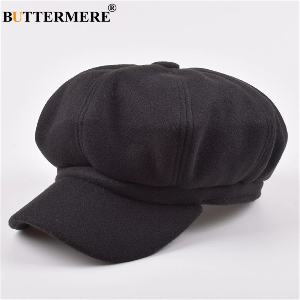 BUTTERMERE Wool Newsboy Cap Red Hats for Women Solid Ladies Baker Boy Hat Female Beret Brand Autumn Winter Vintage Octagonal Cap