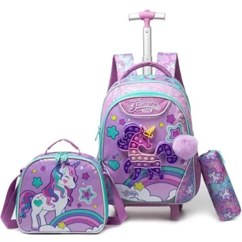 Unicorn Rolling Backpack with Wheels for Elementary Student Wheels Trolley Trip Luggage with Lunch Bag Pencil Case for Girls Ag 1