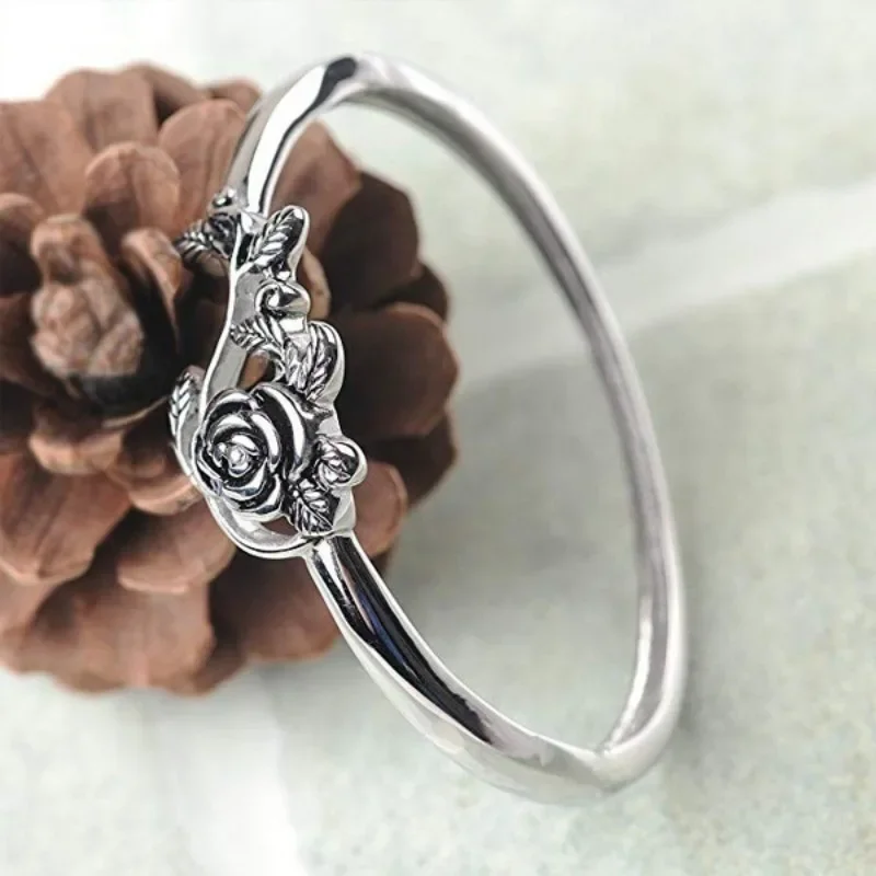 925 Sterling Silver Unique Black Rose Ring for Women Fine Jewelry Finger Adjustable Open Vintage Ring for Party Birthday Gift