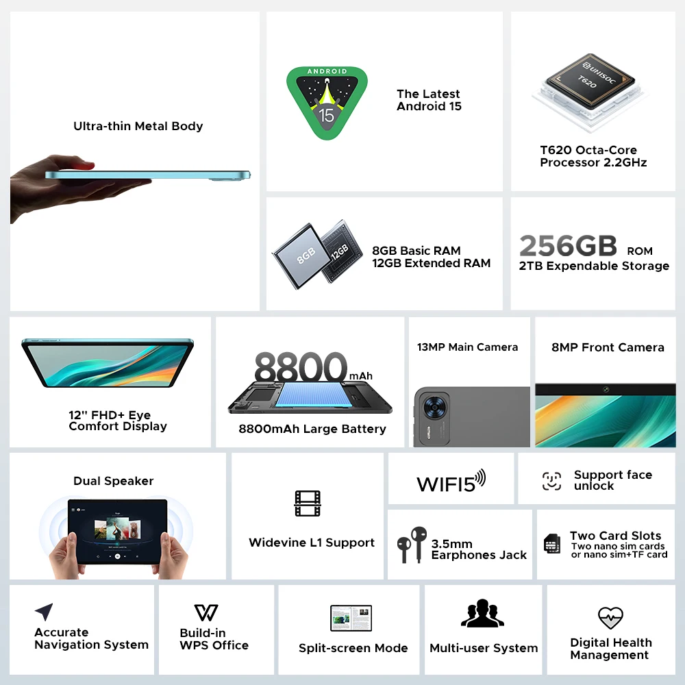 DOOGEE T36 Android 15 Tablet 12'' FHD+ 90Hz IPS Display 8GB 256GB Unisoc T620 Octa Core 8800mAh Large Battery Widevine L1 2