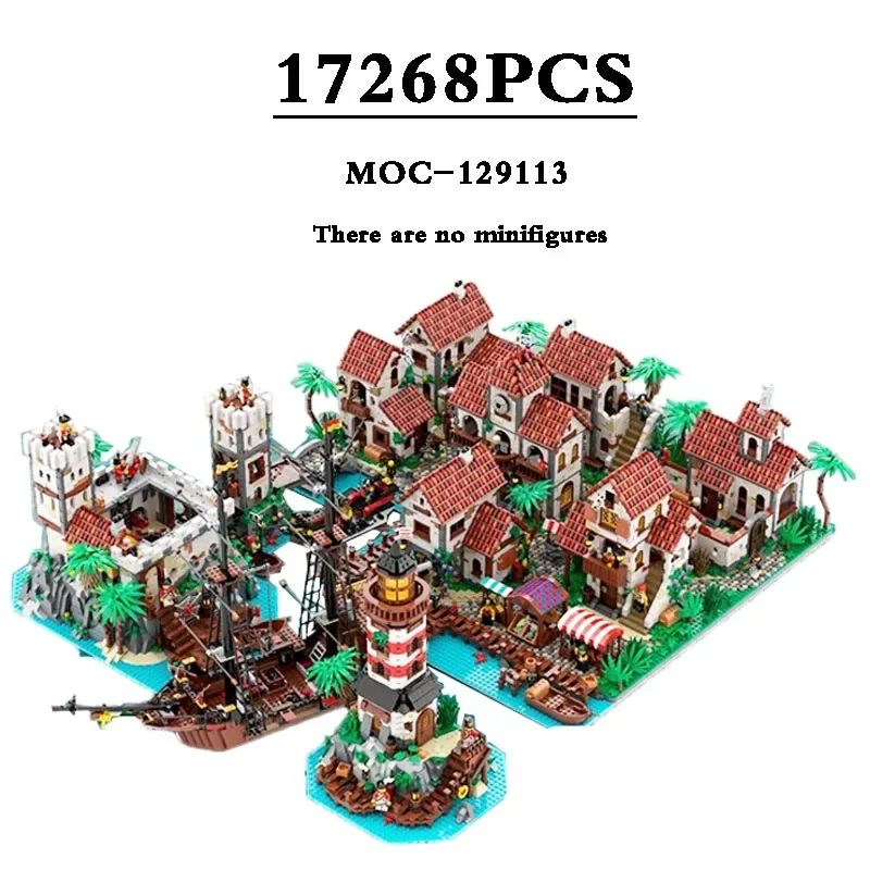 MOC-129113 중세 해적 마을 빌딩 성, 궁극의 해적 항만 빌딩 블록 조립 모델, 성인 생일 장난감 선물, 신제품
