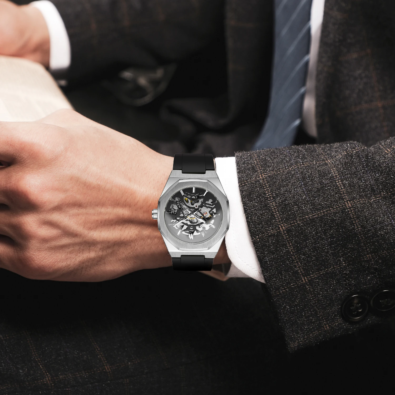 Luxury Brands FORSINING Original Factory Octagon Silver Steel Skeleton Mechanical Mens Watch Automatic Movement Clockwork Rubber
