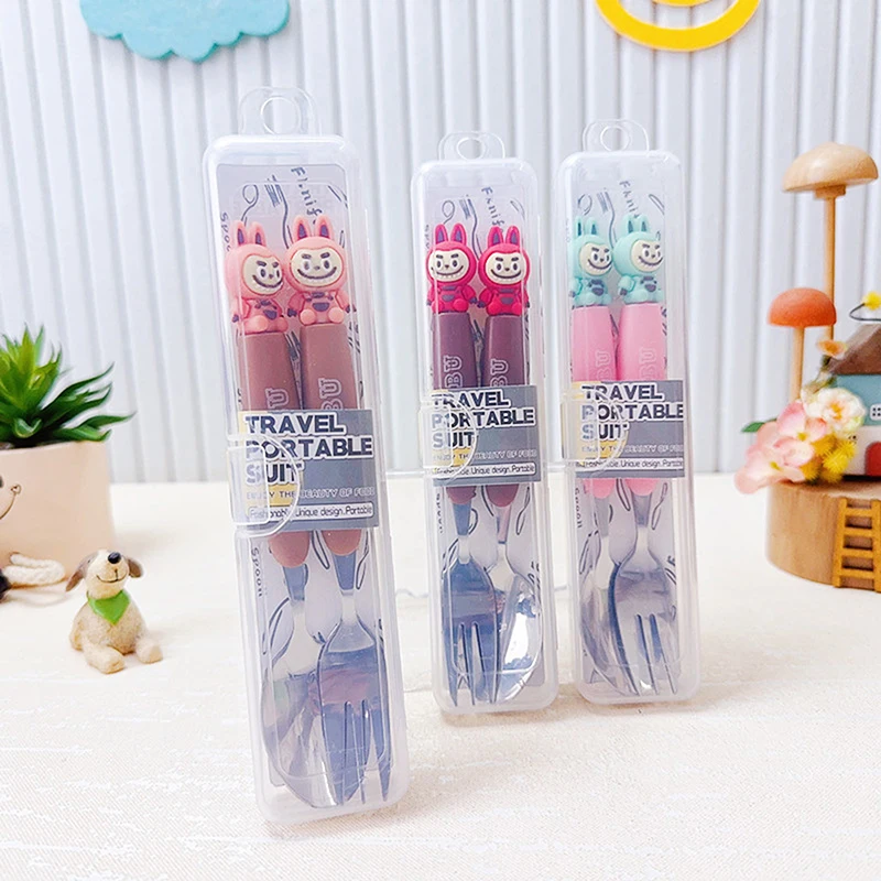Cute Labubu Stainless Steel Tableware Two-piece Set Children's Silicone Handle Tableware Portable Fork Spoon Children's Products