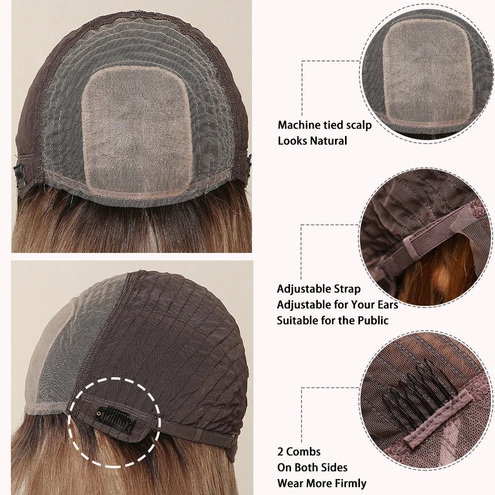 Blunt Cut Bob Human Hair Wigs for Women Beach Blonde Short Straight Remy Human Hair Wig with Bang with Dark Roots Female Daily