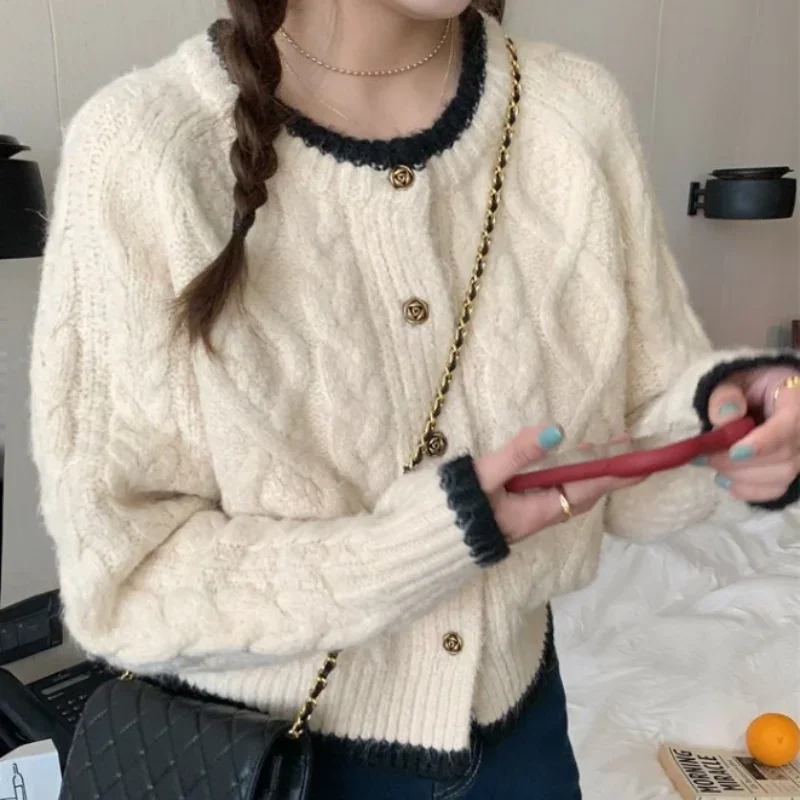 

Женский однобортный Кардиган с меховым воротником, элегантный вязаный роскошный свитер розового, синего и шикарного цвета с узором в виде косточек