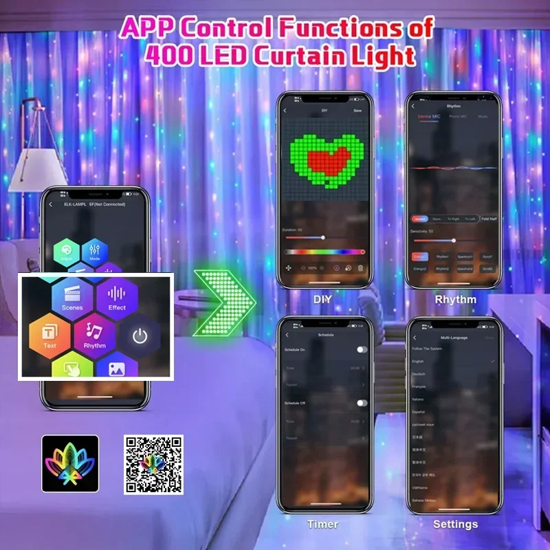 프로그래밍 가능한 스마트 앱 LED 창 커튼 스트링 조명, RGB 스마트 화환 LED 조명, 커튼 룸 조명 장식, 400LED