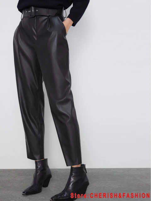Wide faux leather trousers  Black  Ladies  HM IN