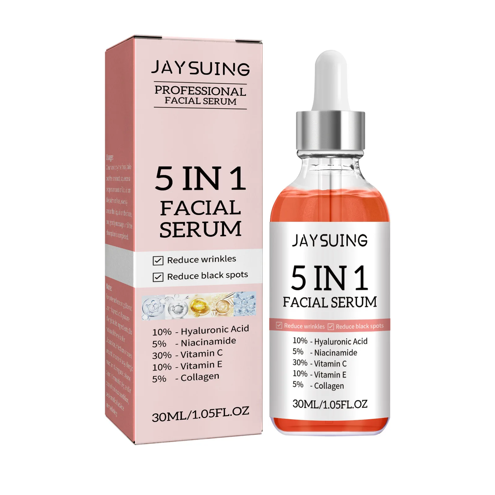 thumbnail image 1 of Suero facial con ácido hialurónico Jaysuing 5 en 1, hidratante, iluminador, antienvejecimiento, con vitamina C, reduce los poros, cuidado de la piel, 30 ml, 1 of 5