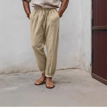 Pantaloni estivi da uomo in cotone e lino vestibilità ampia 1