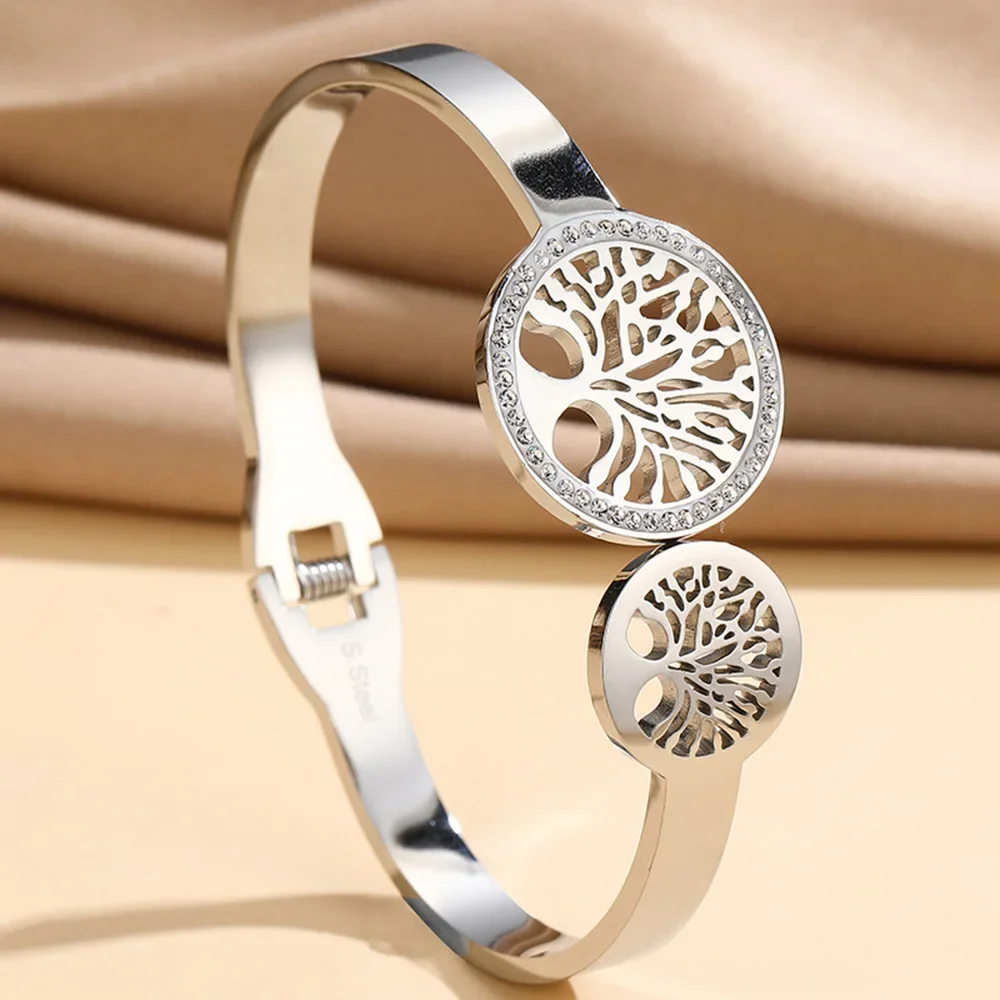 Luxury Tree Of Life Open Cuff Bangles Stainless Steel Gold Plated Spring Buckle Bracelet Non-Fading Jewelry Wrist Accessories 3