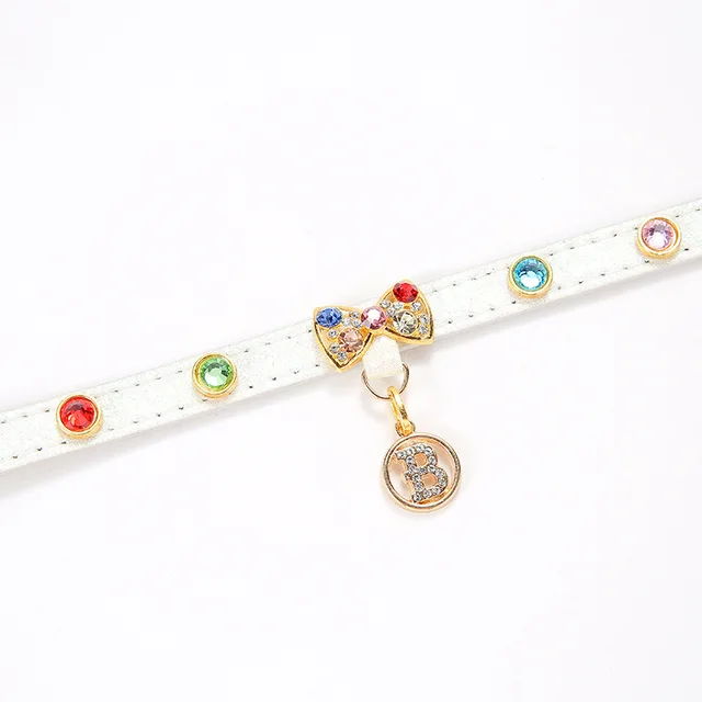 Luxury Diamond Puppy Collar Leather Pet Collar for Small Dogs Adjustable Necklace for Girl Dogs Cats with Rhinestone B Pendent 4