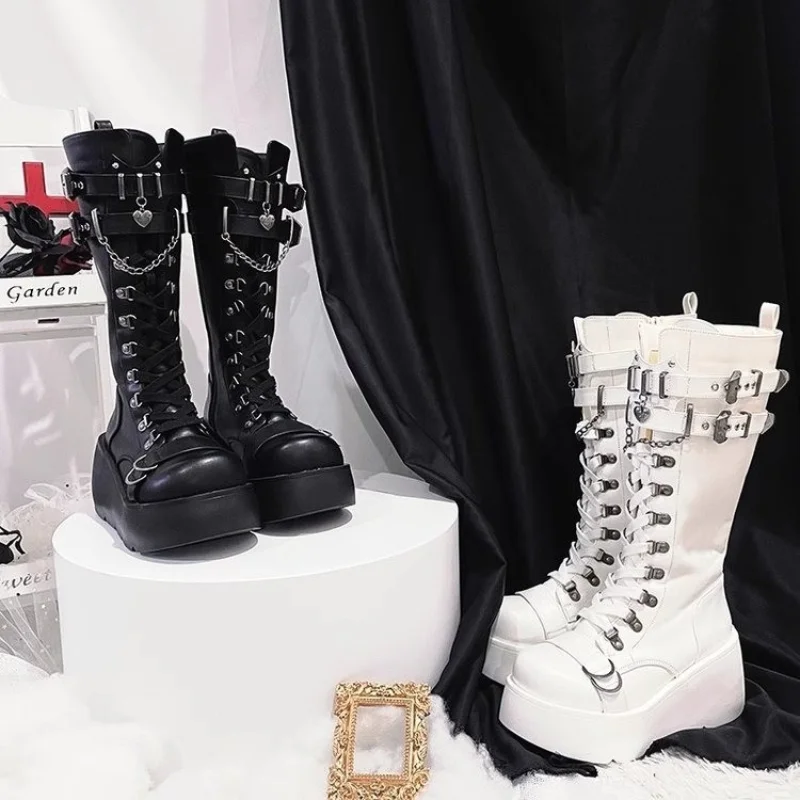Platform Boots Riveted Buckle Wedges High Women's Boots Punk Spice Chic Biker Rider Boots