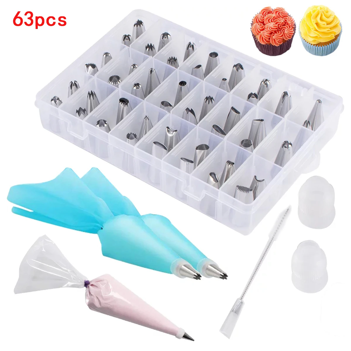 63Pcs Piping Bag and Tips Set Stainless Steel Cake Decorating Supplies Kit Pastry Icing Bags Cupcake Cookie Baking Tools Kitchen