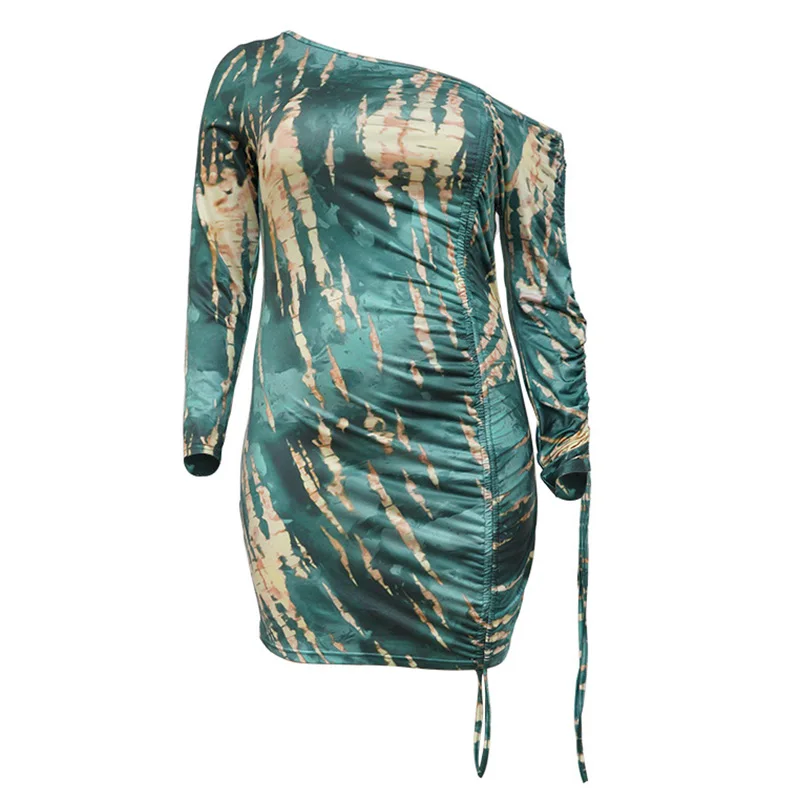 Spring Autumn Plus Size Women's Clothing Sexy Oblique Shoulder Printing Long Sleeve Fashion Bandage Bag Hip Shirring Mini Dress