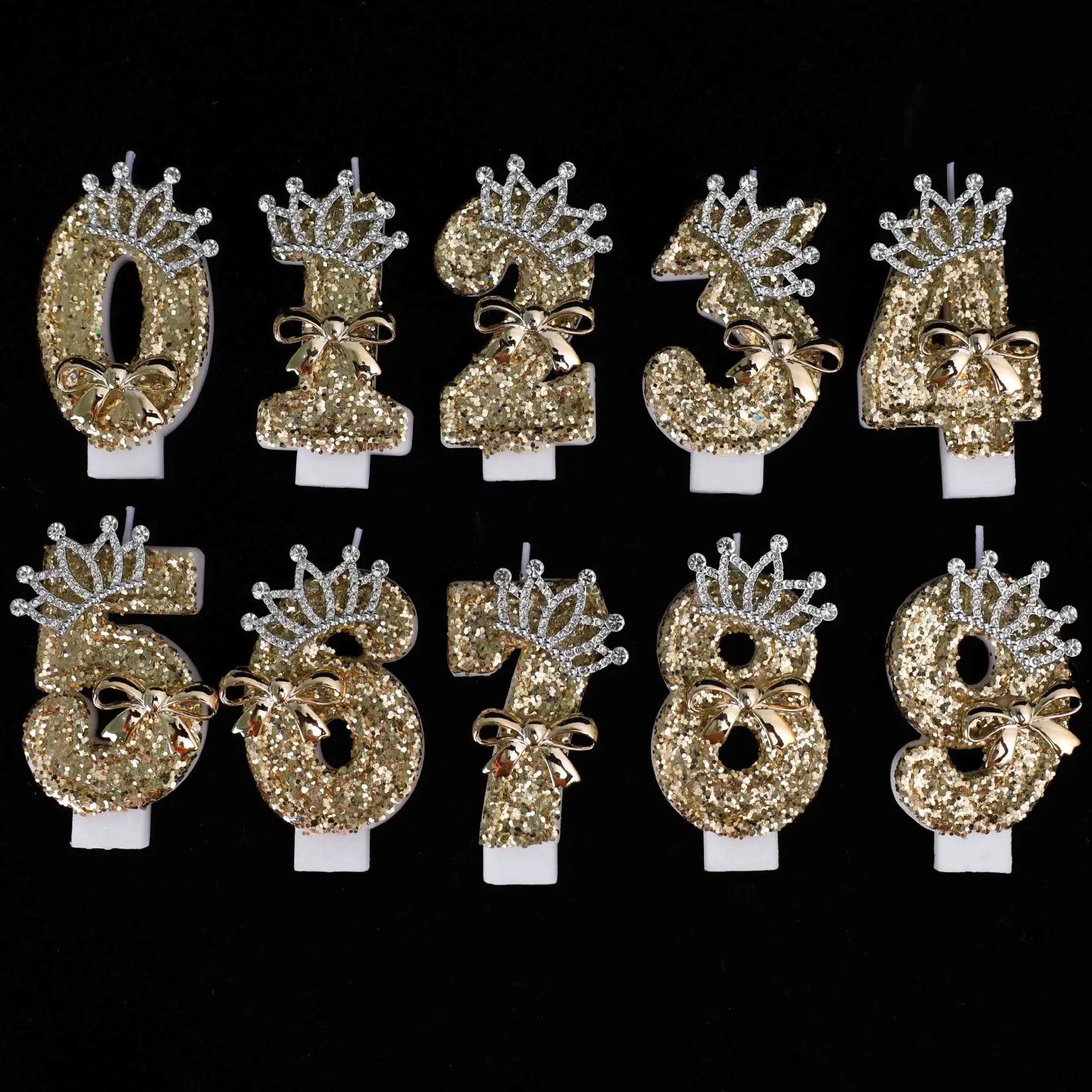 0-9 Gold Glitzer Krone Nummer Geburtstagskerzen, Strass Schleife Tortendekoration für 18. Geburtstag, Party, Hochzeit, Jubiläumsdekoration – Detail 4