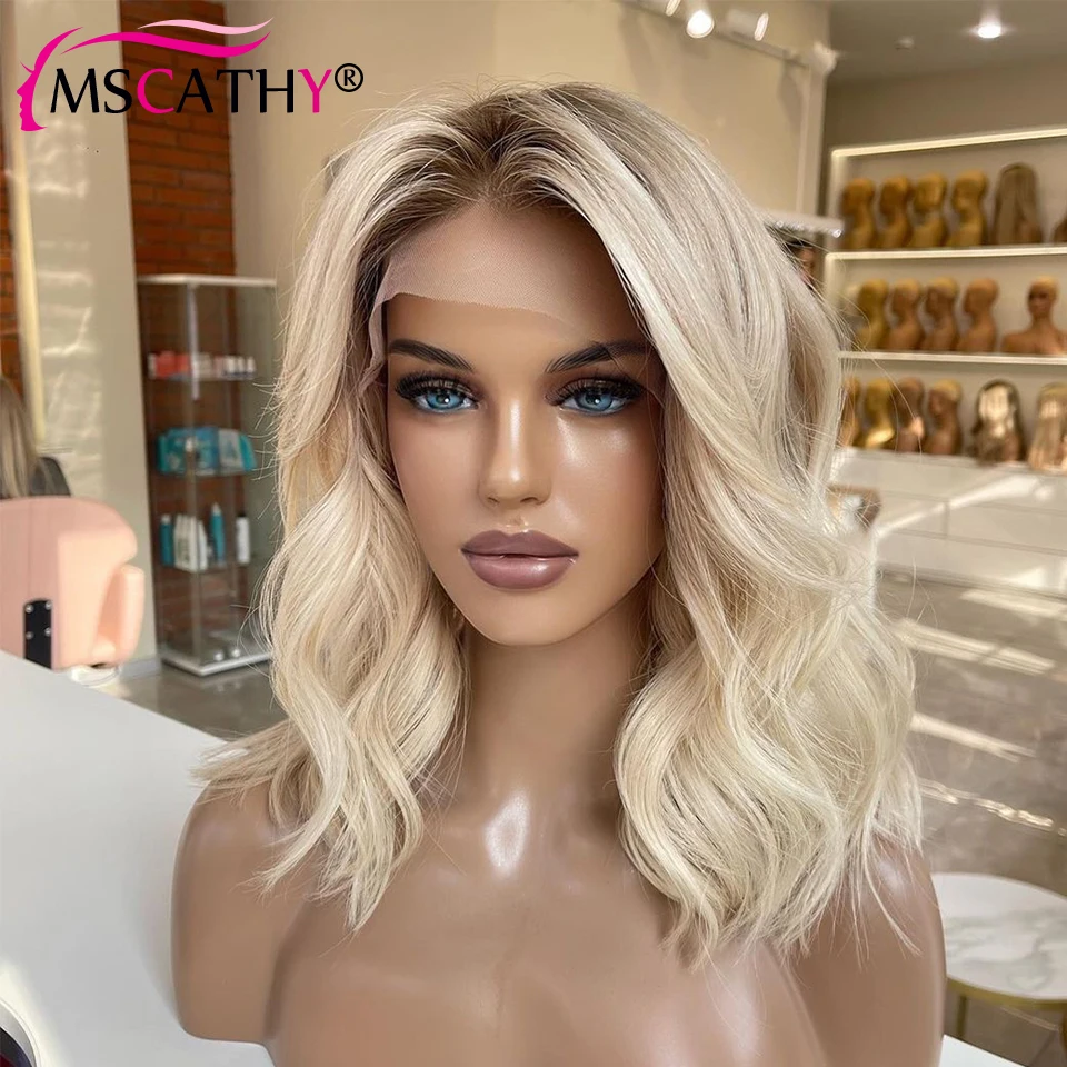 Ash Blonde Ombre Human Hair Wigs For Women Body Wave HD Transparent Lace Frontal Wig Brazilian Remy Hair Short Bob Wig Pre Pluck - Image 4