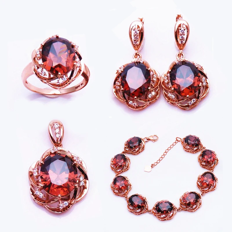 585 Purple Gold Plated 14K Rose Gold Inlaid Ruby Jewelry Set Openwork Crystal Luxury Exquisite Engagement necklaces earrings jewelry set