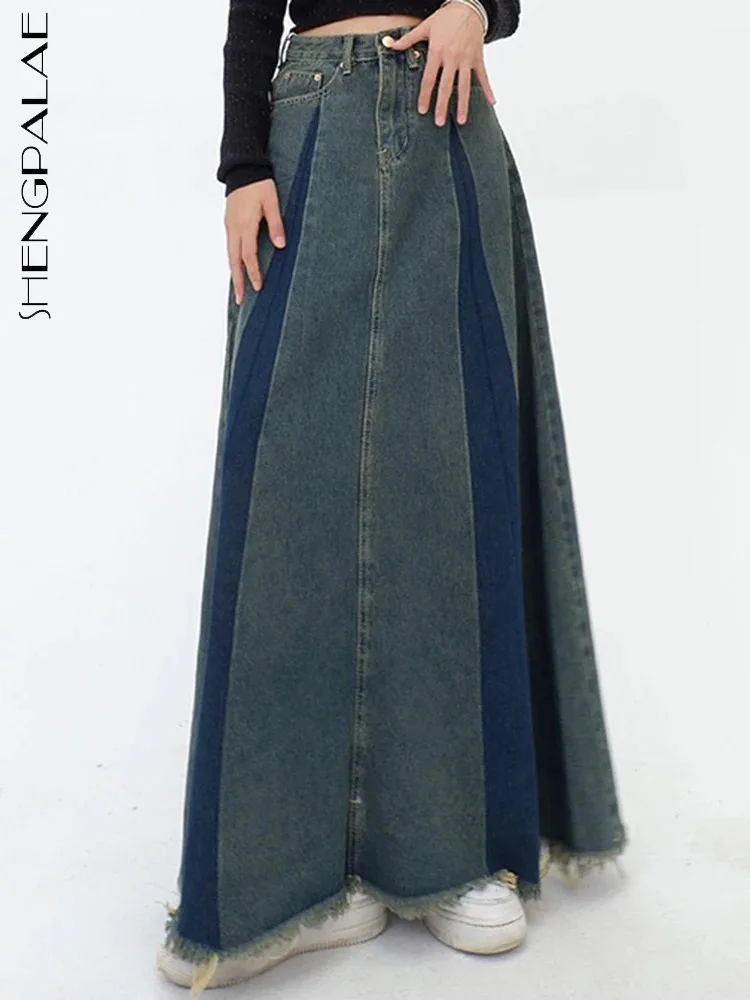 

SHENGPALAE модная женская джинсовая юбка-труба Осенняя Лоскутная контрастная цветная заусенцы дизайнерские Юбки Русалки Женская Новинка 2023 5R7649