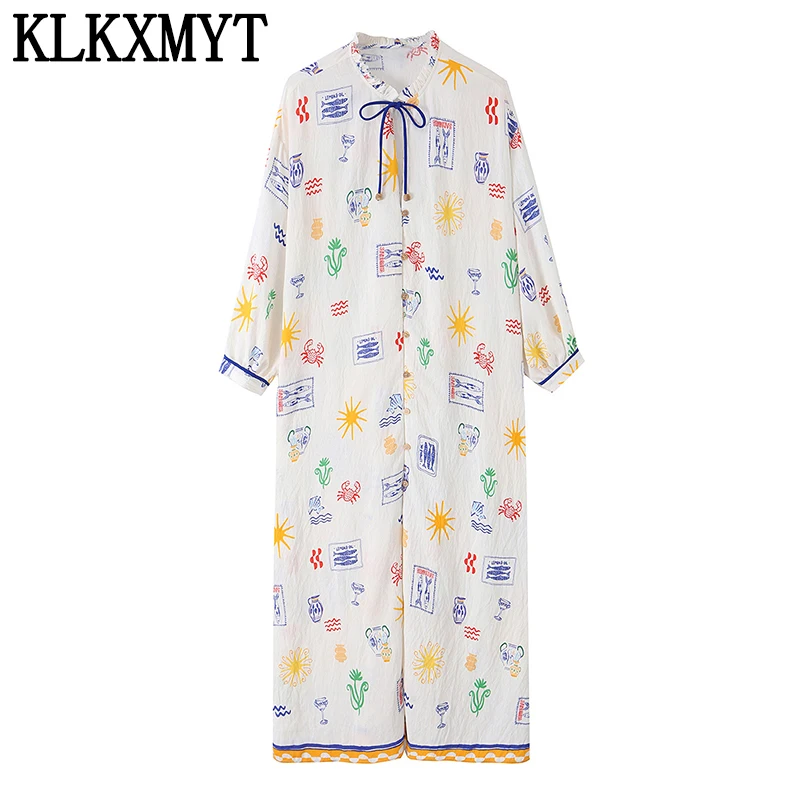 KLKXMYT 2026 Neues Damen Mode-Kleid mit Aufdruck, Langes Kleid mit Gebundenem V-Ausschnitt, Bohemian-Stil, Langarm, Lässiges Frühlingskleid