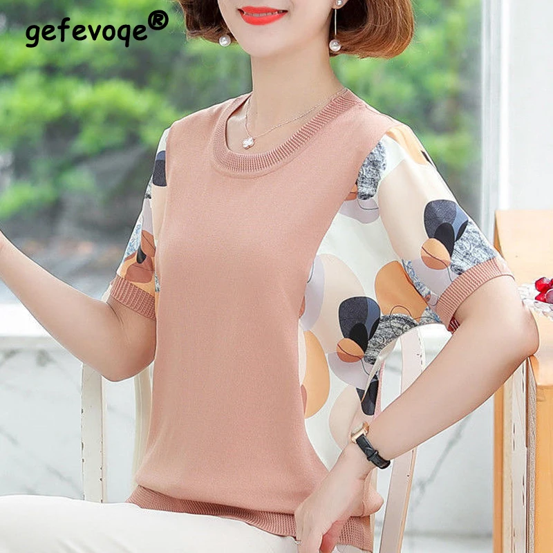 

Women Summer Clothes Korean Fashion Print Patchwork Elegant Knit T-shirt Casual Round Neck Short Sleeve Pullover Tops Female 5XL