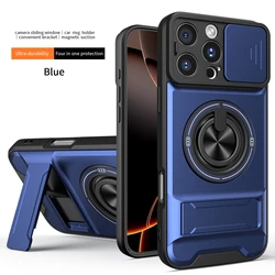 Luxury Armor Shockproof Phone Case with Magnetic Holder and Lens Protection - iPhone 15 Plus (Blue)