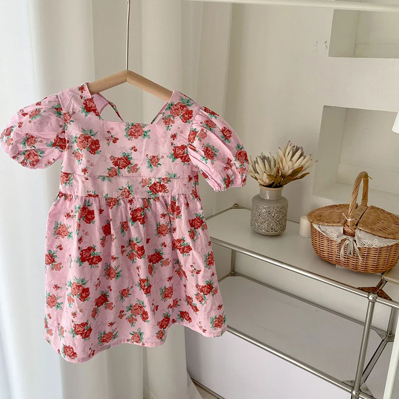 MILANCEL 2022 Summer Girls Dress Children Floral Pink Outwear Clothes Square Neck Puff Sleeve couple matching outfits for photoshoot