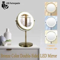 กระจกแต่งหน้า LED สองด้านสีบรอนซ์, กระจกแต่งหน้า 3X/5X, ใช้พลังงานจาก USB, ระบบควบคุมแบบสัมผัส 3 สีและปรับความสว่างได้ 2