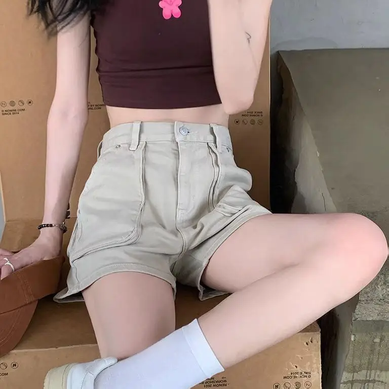 Khaki Shorts Cargo Summer Thin Waist Big Pockets American Sweet Sexy Clothing Solid Aesthetic Mujer