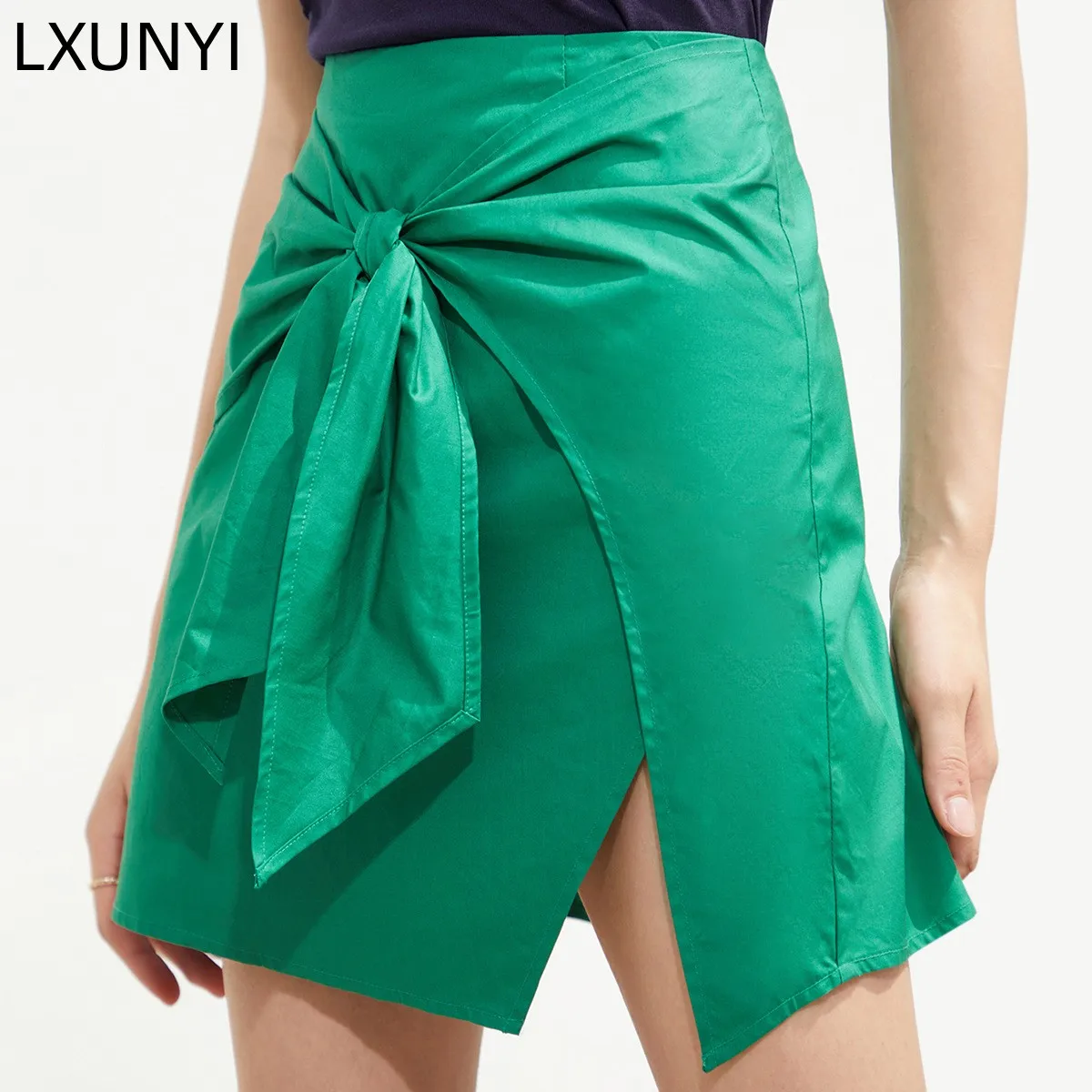 

LXUNYI Cotton Green Skirt Women 2023 Spring New Fashion Sexy Sweet Bow Night Club Mini Skirt Split Sexy Pencil Skirts High Waist