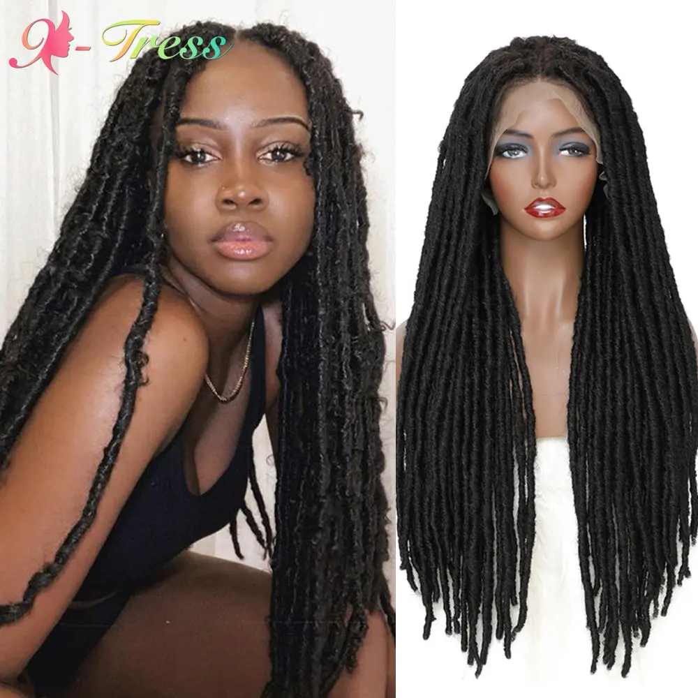 Faux Locs Braided Wig 13X4 Synthetic Lace Front Wigs for Women X-TRESS Long Straight Dreadlocks Crochet Hair Free Part Lace Wig