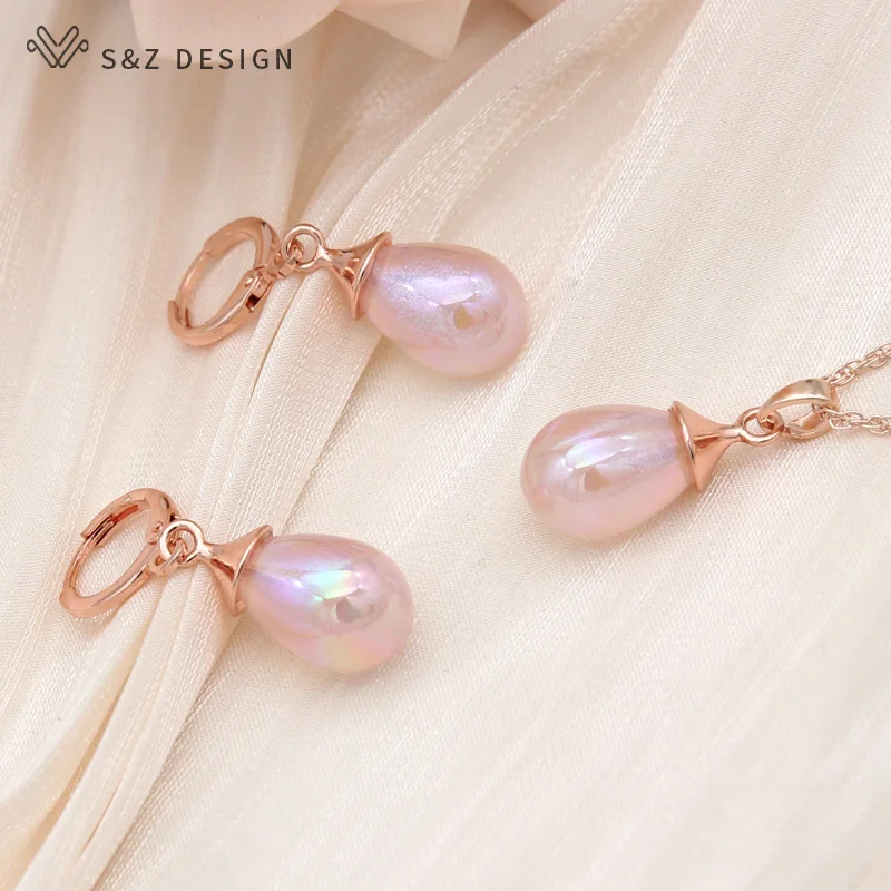 S&Z DESIGN New Fashion Colorful Water Drop Simulated-pearl Dangle Earrings Jewelry Sets For Women Wedding Pendant Necklace Gift