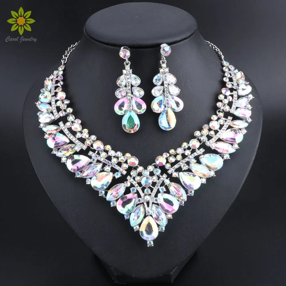 Luxury Wedding Jewelry Sets Ab Color Crystal Necklace Earrings Set