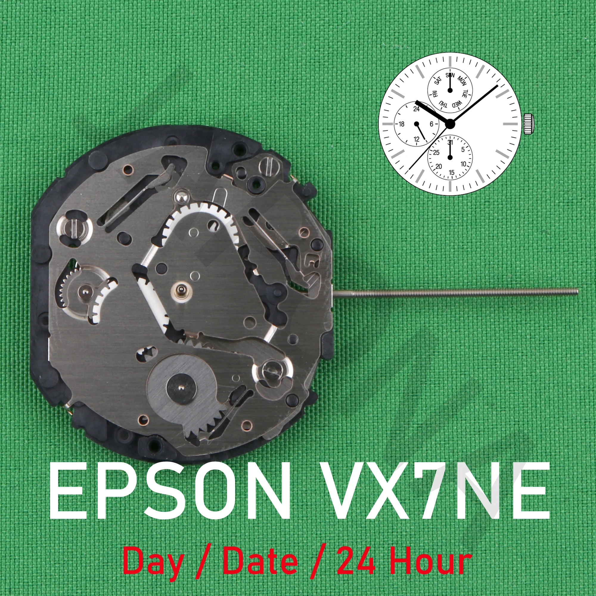 

VX7N movement epson VX7NE movment Analog Quartz 10 1/2''' Slim Movement / 3 hands (H/M/S) and 3 eyes with Day / Date / 24 Hour