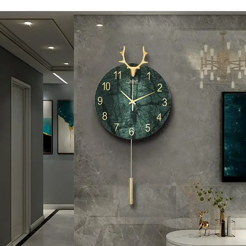 

Natural Marble Wall Clock Modern Design Silent Sweep Needle Clocks Copper Deer Head Decorative Hanging Timepiece with Pendulum