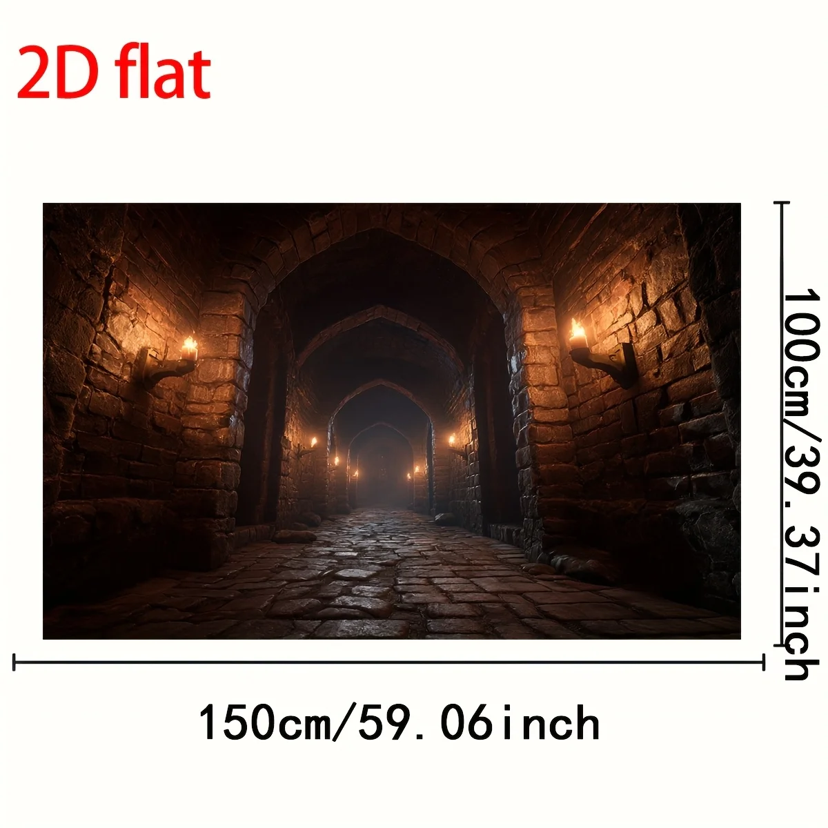2D 평면, 중세 던전 테마 배경을 갖춘 1개의 2D 평면 배너 - 벽돌 벽, 촛불 및 아치 장식
