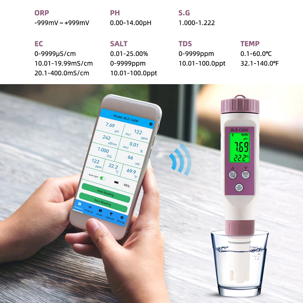 7-in-1/5-in-1 Bluetooth PH Meter Smart PH EC TDS ORP SALT S.G TEMP Water Quality