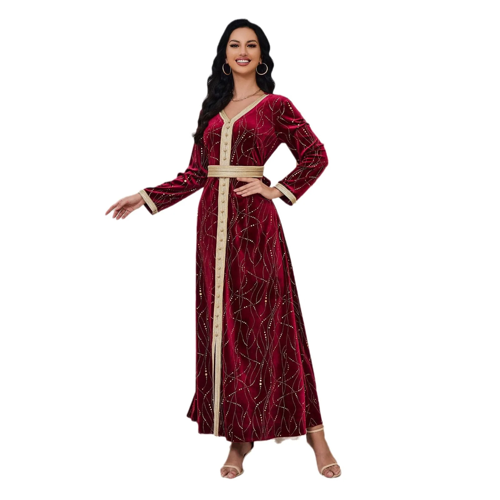 Velvet Autumn Winter Gold Stamping Fashion Red Evening Gown Elegant Long Sleeve V-Neck Abaya with Sashes Muslim Women