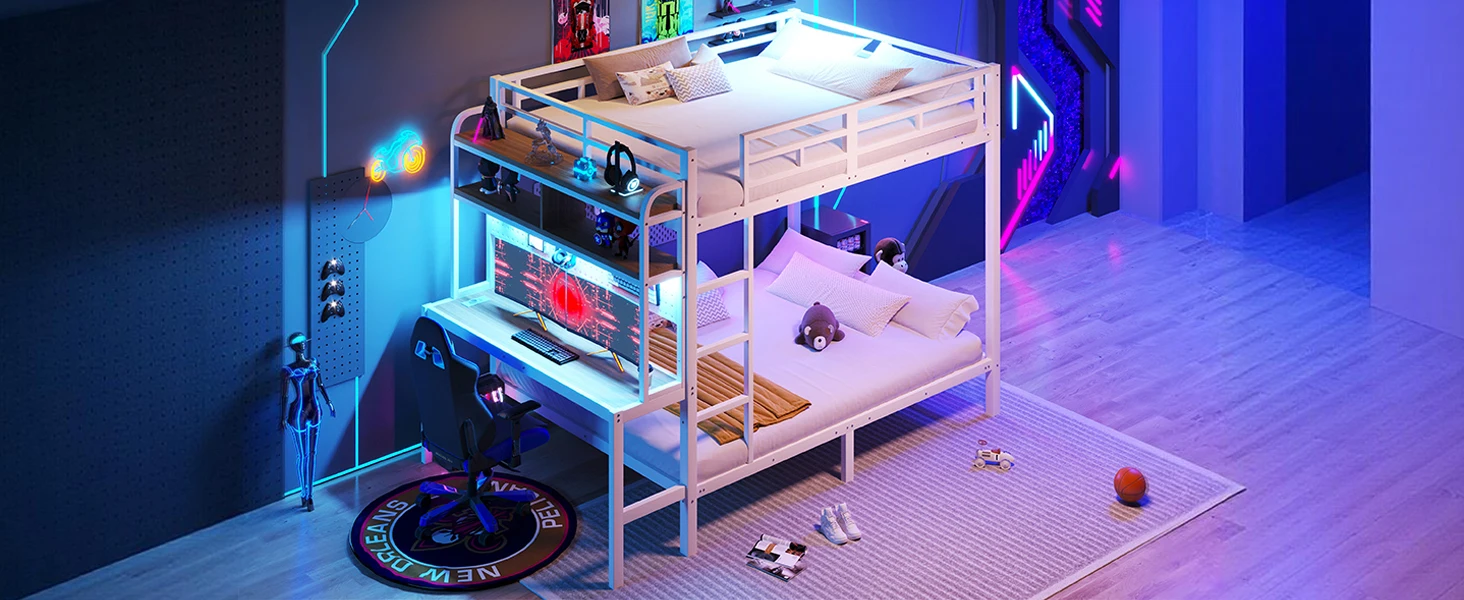 Etagenbett, 140 x 200 cm, Eisenrahmen, Staufach, mit LED-Lichtleiste, USB-Anschluss, Sicherheitsgeländer, Leiter, ohne Matratze – Detail 21