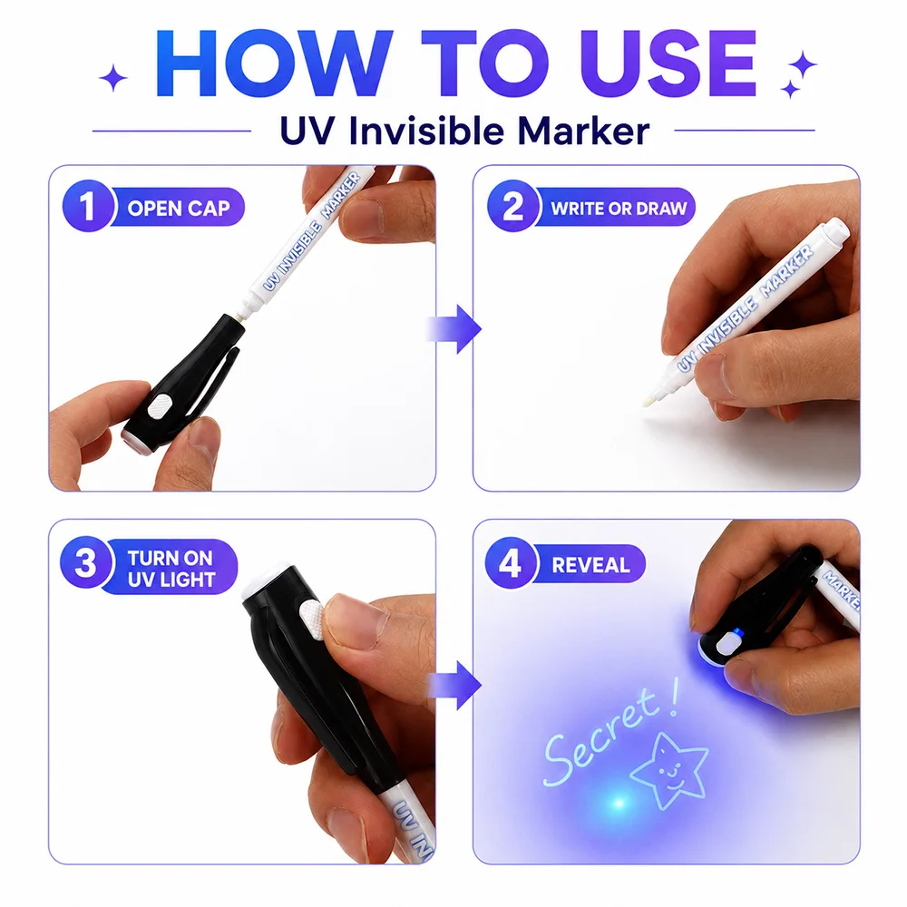 12 Pcs 보이지 않는 잉크 마커 세트 휴대용 UV 라이트 쓰기 펜 숨겨진 메시지 DIY 프로젝트 예술 창작 일일 창의적 문구