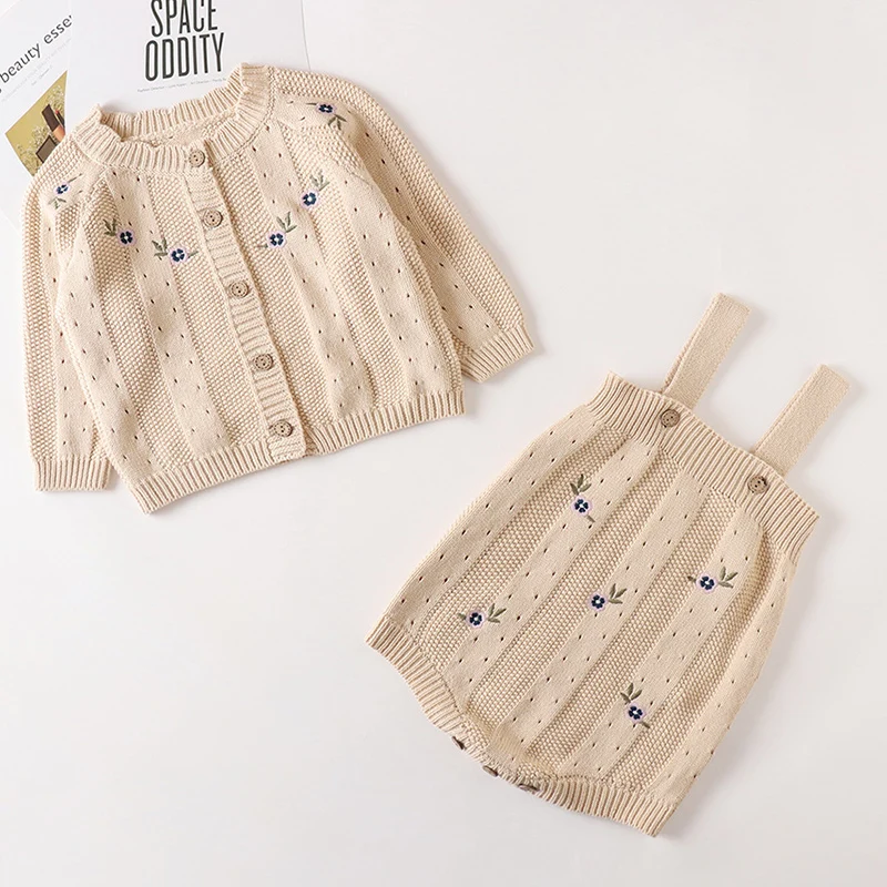 

Winter Spring Children Knitted Clothes Suit Long Sleeved Flower Embroidered Cardigan+Rompers Newborn Baby Girls Clothing Set