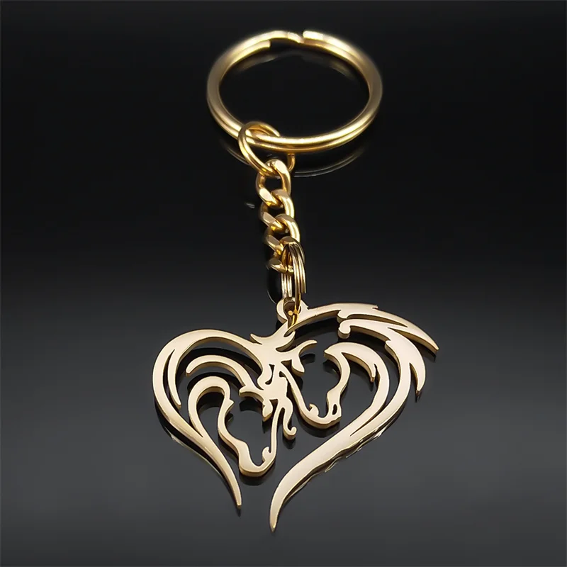 Couple Horse Heart Shape Pendant Key Chain for Women Men Stainless Steel Gold Color Hollow Animal Key Ring Jewelry Gift K3218S08