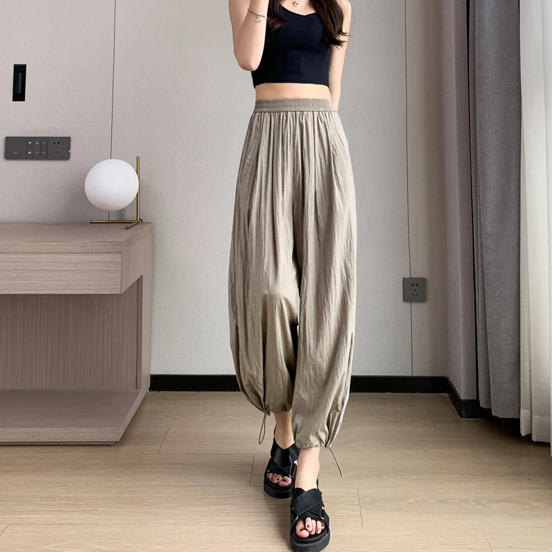 

2023 New Arrival Summer Korean Style Women Casual Loose Fit Thin Ankle-length Pants Elastic Waist Bloomers Pants V612