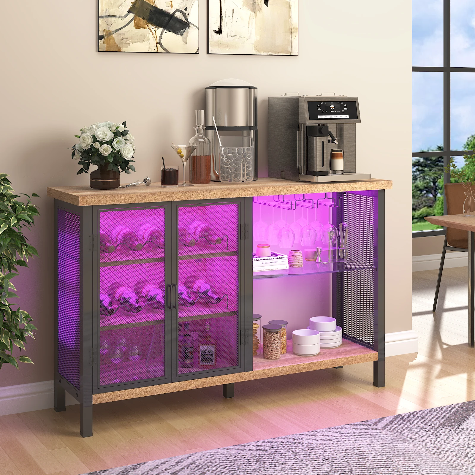 47 In Industrial Bar Cabinet for Liquor and Glasses, Rustic Wine Bar Cabinet with Wine Rack & Doors, Wash Grey/Rustic Brown/Oak